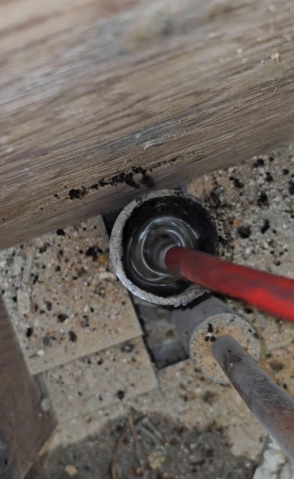 During mechanical chain-knocker drain cleaning removing hardened buildup