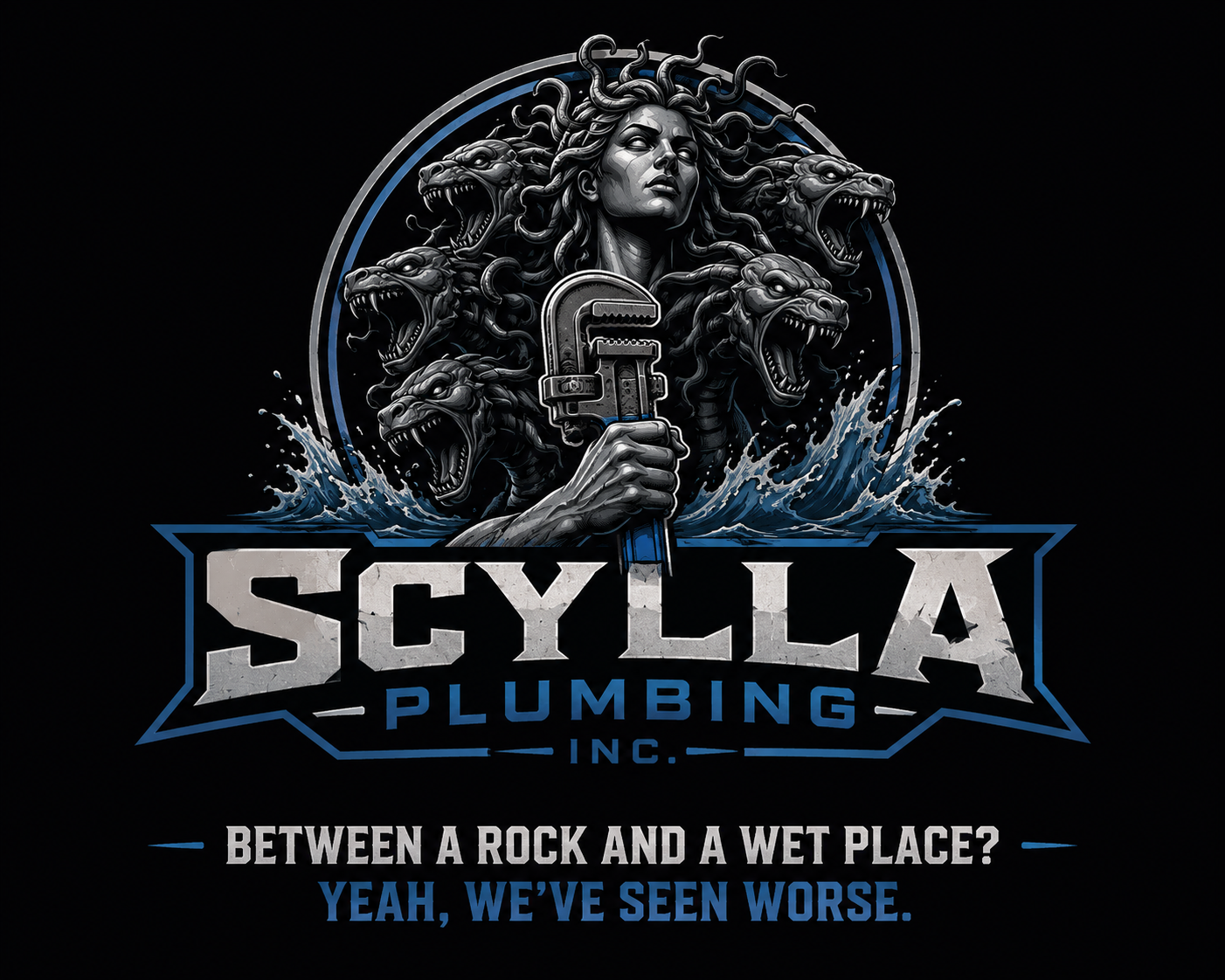 Scylla Plumbing creature emblem with pipe wrench and water